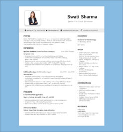 Modern tech resume template for senior full stack developer with experience, skills, projects, and certifications