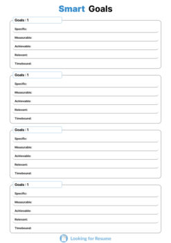 Template for planning SMART goals, listing Specific, Measurable, Achievable, Relevant, and Timebound criteria.
