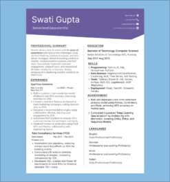 Tech resume template for senior-level data scientist with sections for summary, experience, skills, achievements, and education.