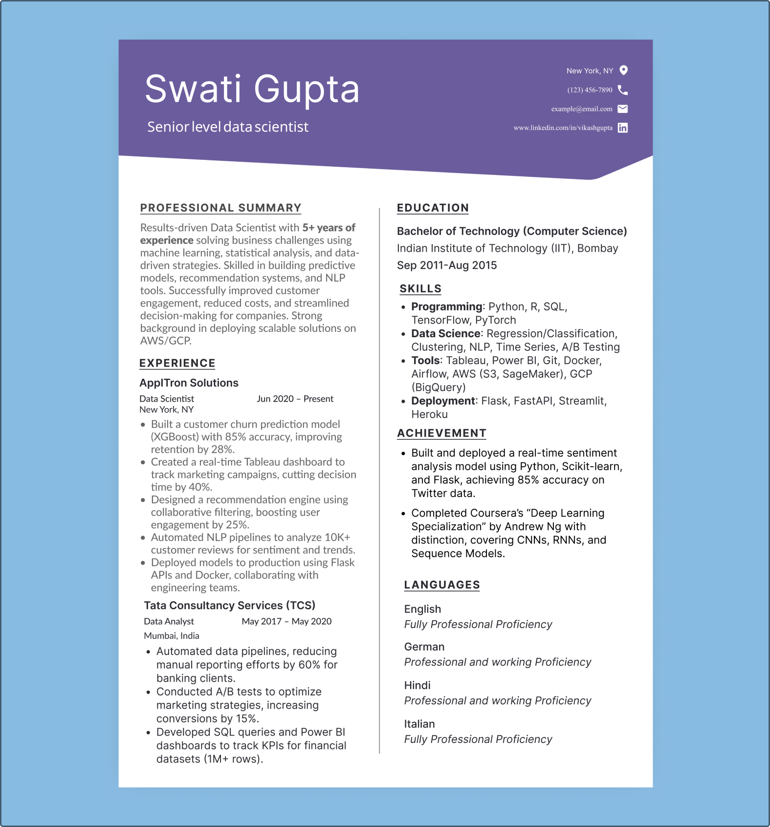 Tech resume template for senior-level data scientist with sections for summary, experience, skills, achievements, and education.