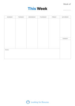 A "This Week" planner template with empty daily sections for Monday through Sunday and a notes section.